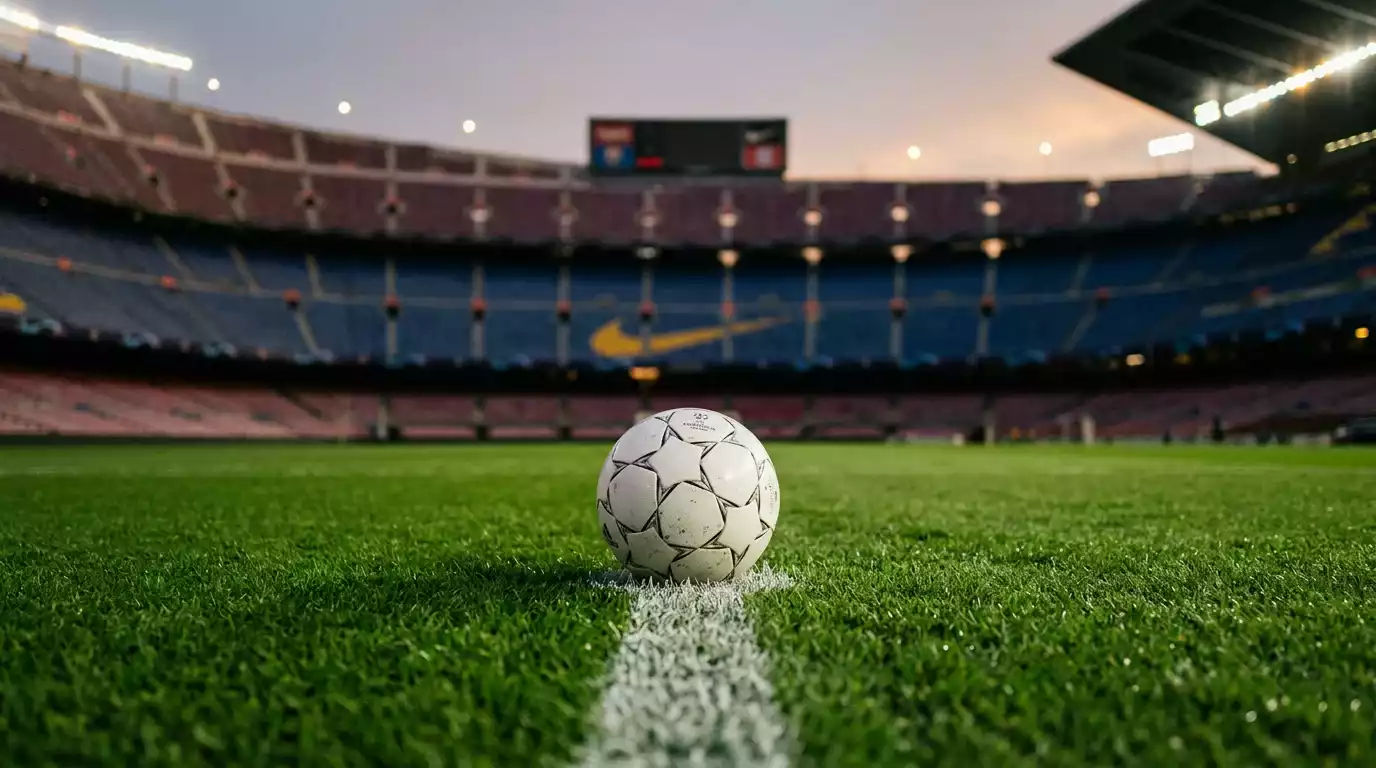 Närbild på en fotboll på mittpunkten i en upplyst arena inför avspark