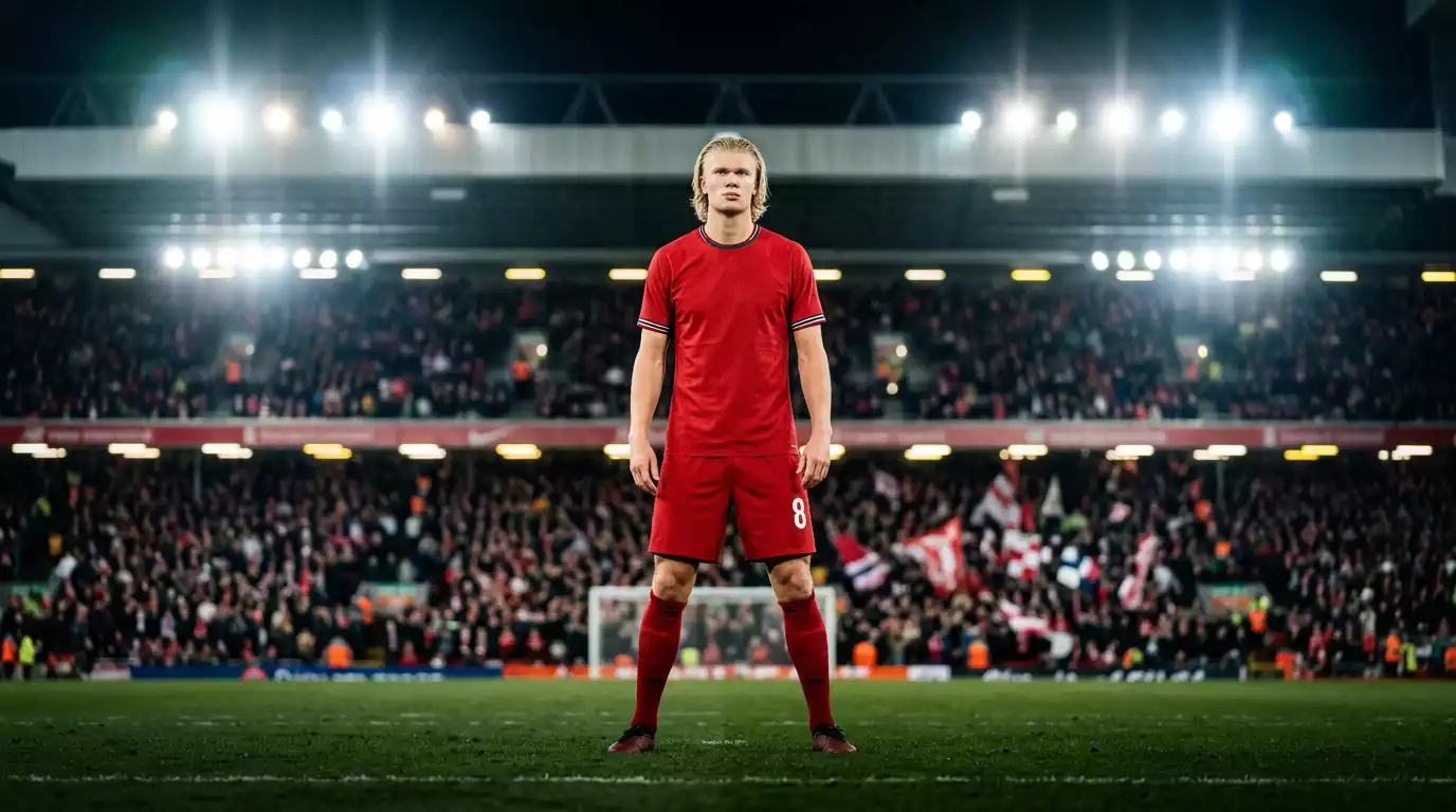 Erling Haaland i Norges röda landslagströja gör sig redo inför avspark i en VM-match 2026