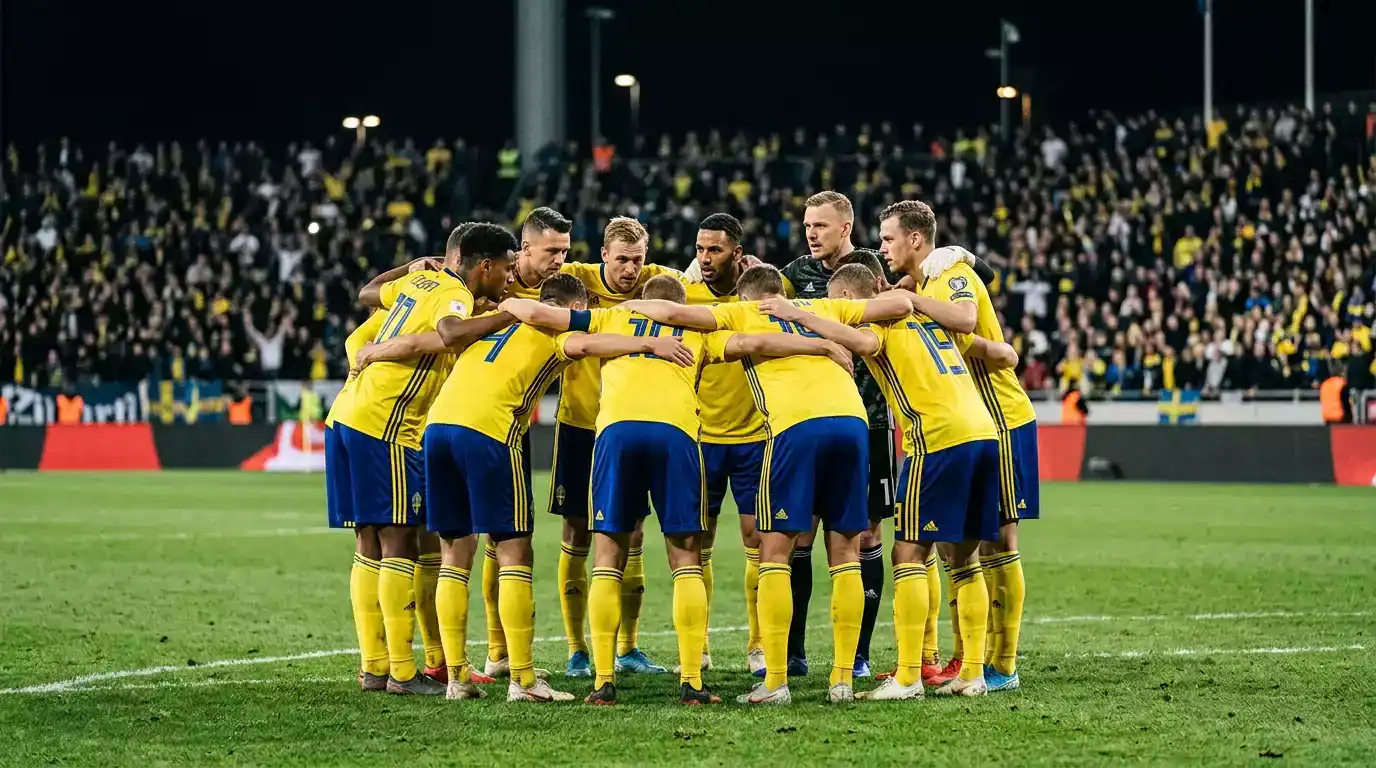 Svenska landslagsspelare samlade på planen under en VM-match 2026, fokuserade inför en avgörande uppgift