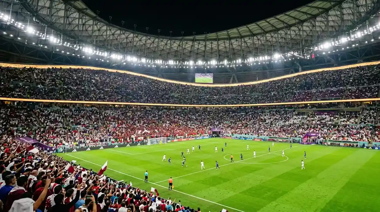 Översikt av en fullsatt fotbollsarena under VM 2026 med läktare i regnbåge av färger