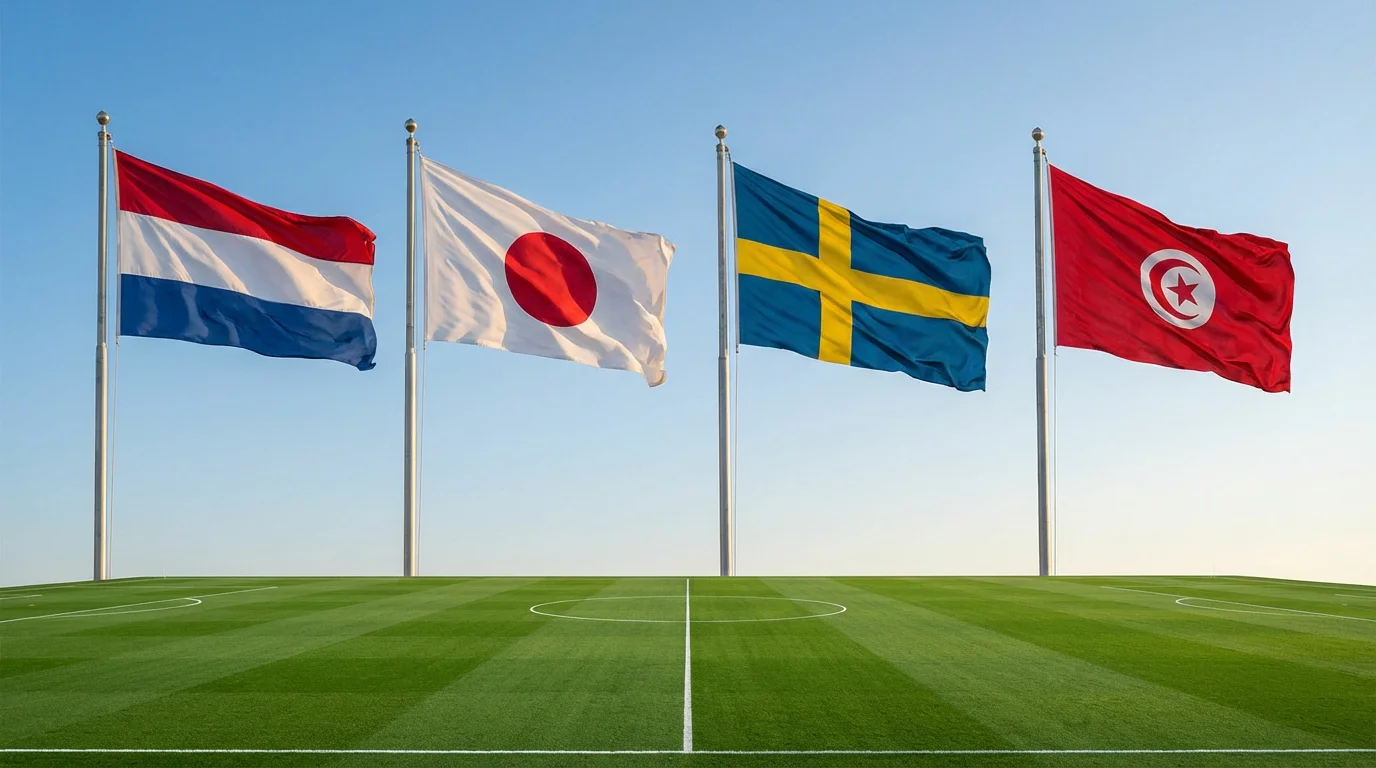 Flaggorna för Nederländerna, Japan, Sverige och Tunisien sida vid sida på en fotbollsplan