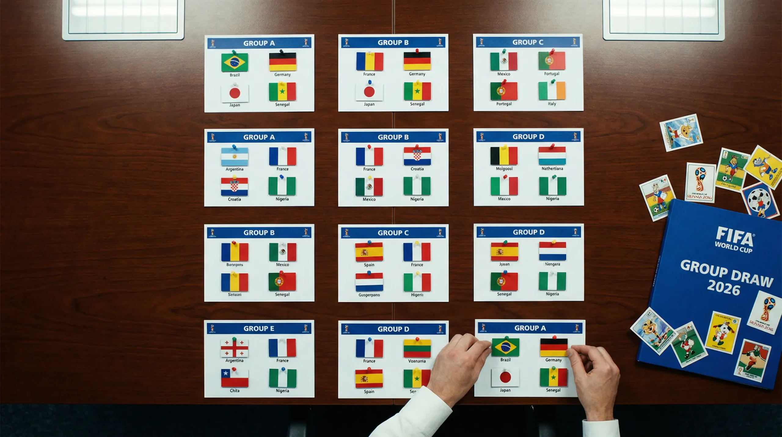 Översikt av alla tolv VM 2026-grupper med flaggor och grupptabeller