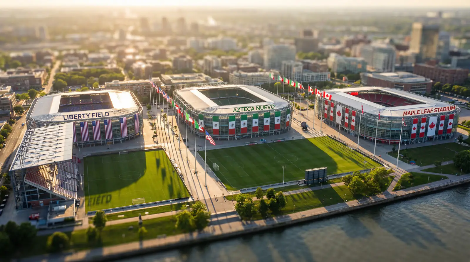 Panoramabild av tre stadion i USA, Mexiko och Kanada som representerar VM 2026