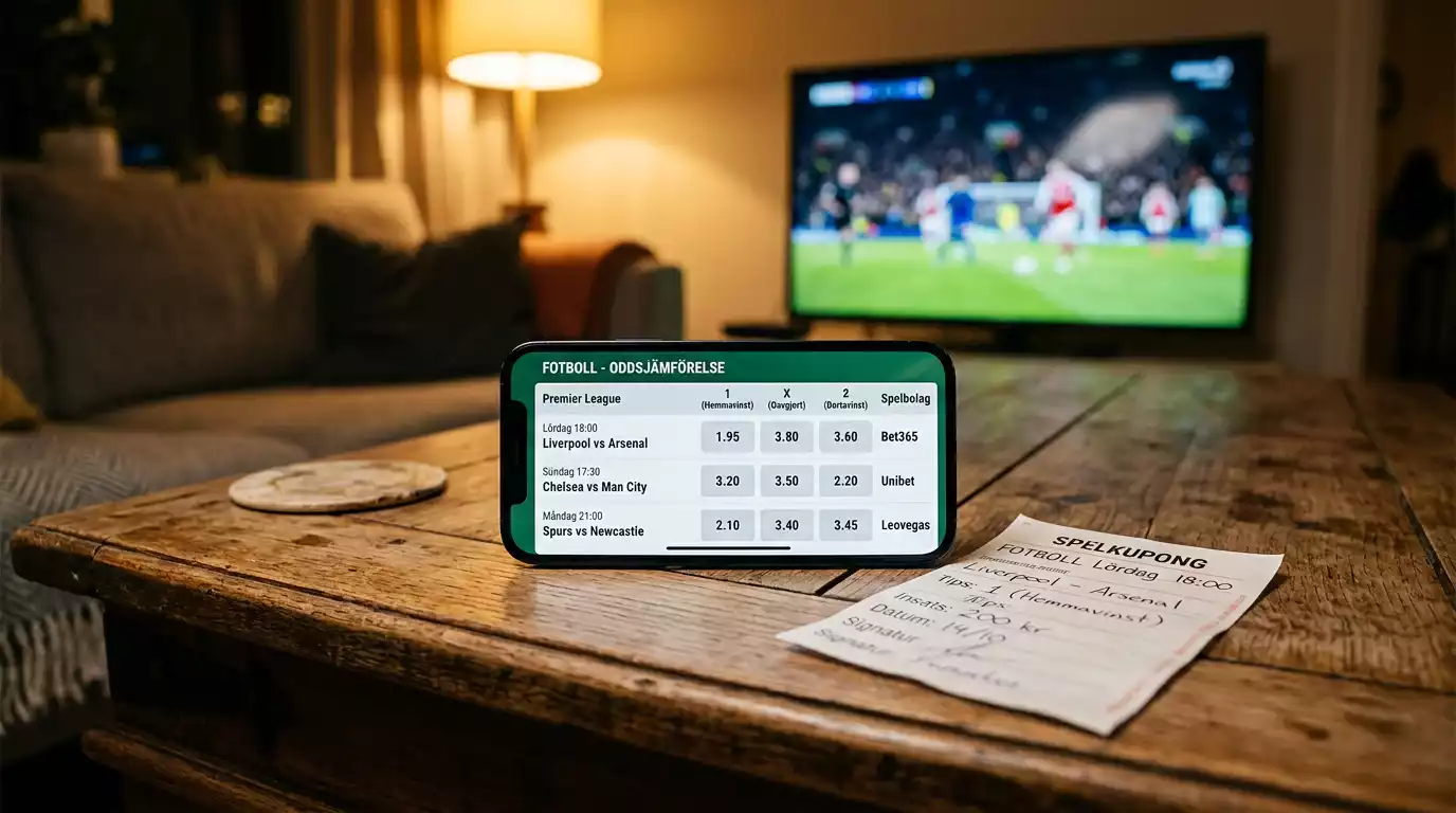 Spelkupong och mobiltelefon med oddsöversikt framför en TV som visar en VM-match