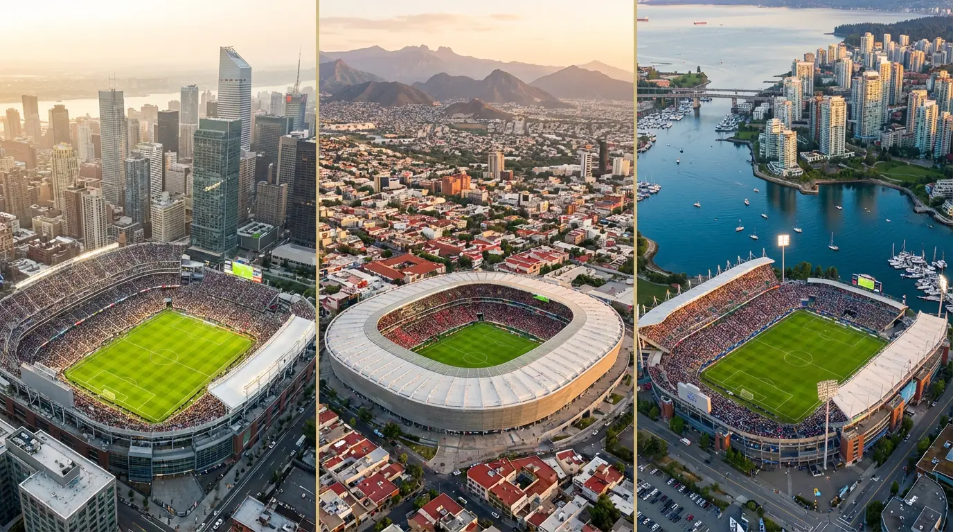 Tre VM 2026-arenor i USA, Mexiko och Kanada sedda från ovan